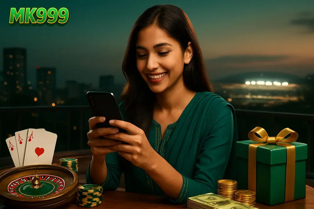 MK999 app โ a young Pakistani woman happily using her phone app on a rooftop terrace during a warm evening in the city MK999 app โ a young Pakistani woman happily using her phone app on a rooftop terrace during a warm evening in the city