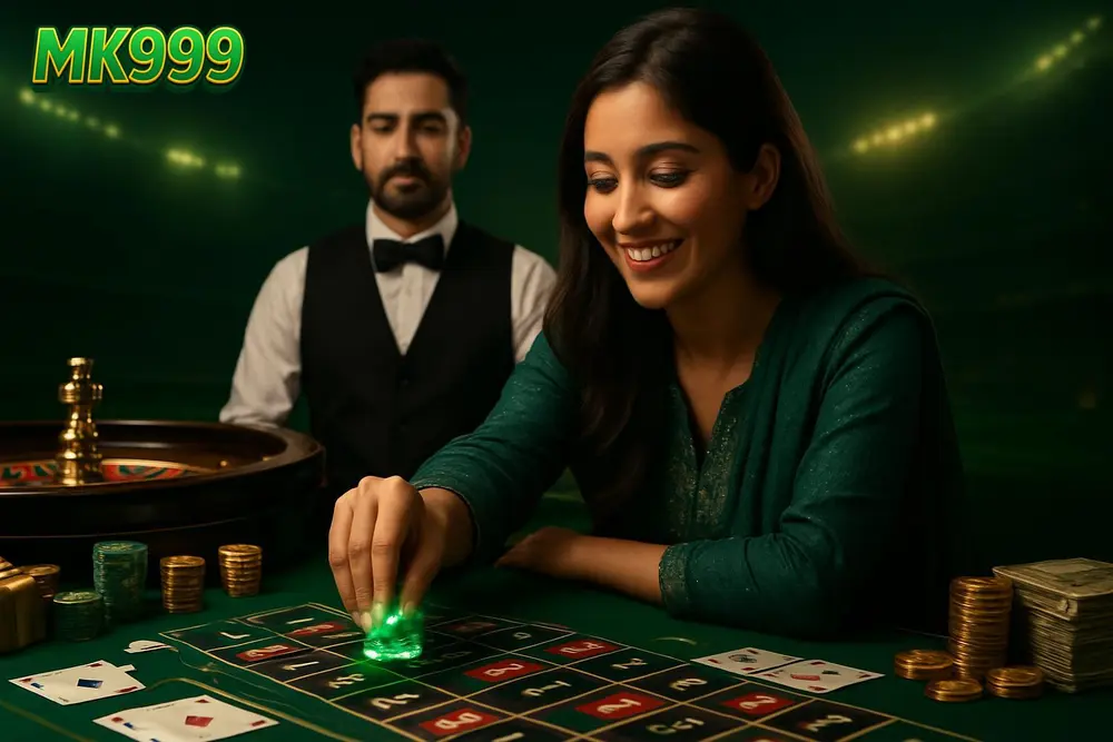 MK999 games โ a young Pakistani woman smiling as she places glowing casino chips at a roulette table with playing MK999 games โ a young Pakistani woman smiling as she places glowing casino chips at a roulette table with playing