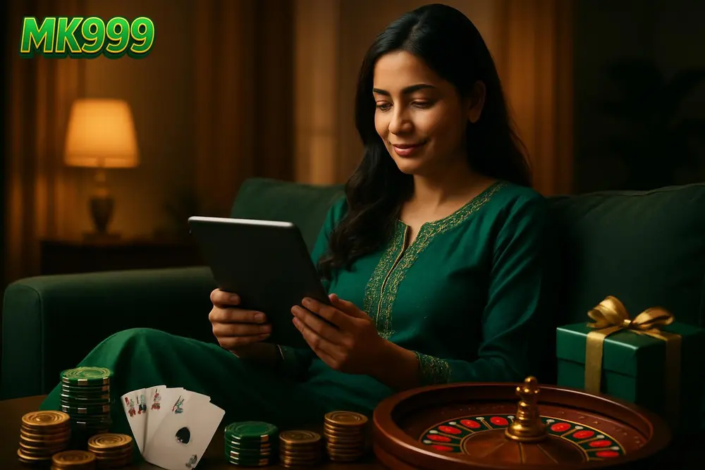 MK999 Pakistan โ a Pakistani woman relaxing on a sofa using a tablet with a warm living room setting and soft MK999 Pakistan โ a Pakistani woman relaxing on a sofa using a tablet with a warm living room setting and soft