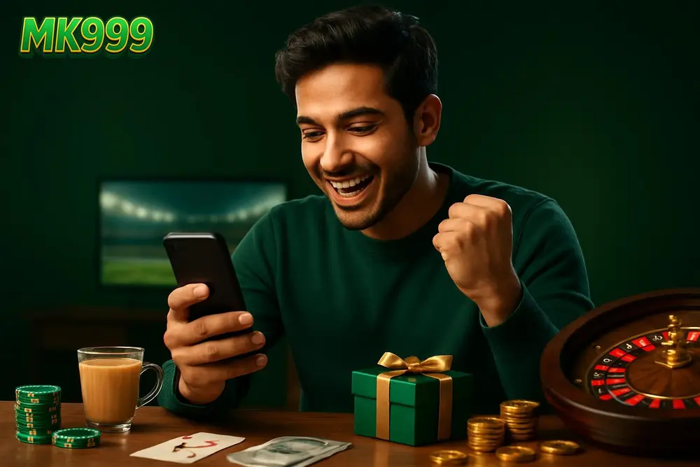 MK999 Pakistan โ a young Pakistani man smiling while celebrating a win on his smartphone at a cozy home desk with a MK999 Pakistan โ a young Pakistani man smiling while celebrating a win on his smartphone at a cozy home desk with a