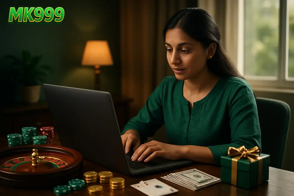 MK999 login โ a young Pakistani woman entering details on her laptop in a cozy home office with soft daylight MK999 login โ a young Pakistani woman entering details on her laptop in a cozy home office with soft daylight