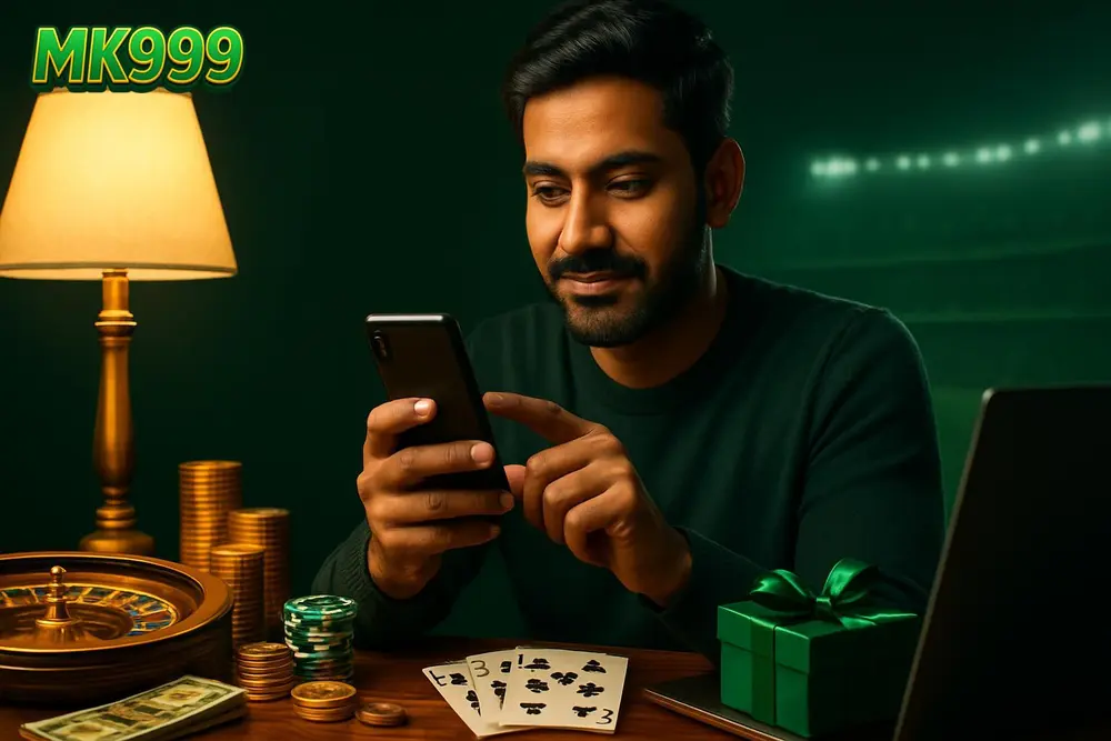 MK999 login โ a Pakistani man unlocking his smartphone screen while sitting at a desk with a warm lamp glowing MK999 login โ a Pakistani man unlocking his smartphone screen while sitting at a desk with a warm lamp glowing