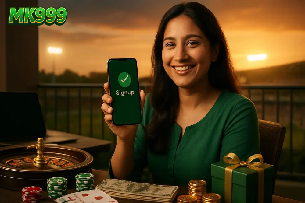 MK999 register โ a smiling Pakistani woman holding her smartphone showing a signup confirmation while sitting on her MK999 register โ a smiling Pakistani woman holding her smartphone showing a signup confirmation while sitting on her