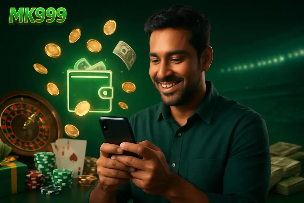 MK999 withdraw โ a smiling Pakistani man checking his phone with glowing coins and banknotes appearing around a MK999 withdraw โ a smiling Pakistani man checking his phone with glowing coins and banknotes appearing around a