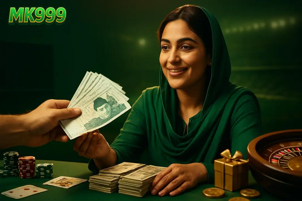 MK999 withdraw โ a Pakistani woman receiving a cash payout at a counter with stacks of local currency on the table MK999 withdraw โ a Pakistani woman receiving a cash payout at a counter with stacks of local currency on the table